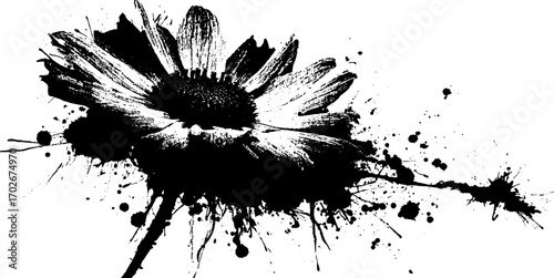 Bold black ink grunge sunflower silhouette with splatter effect for creative design