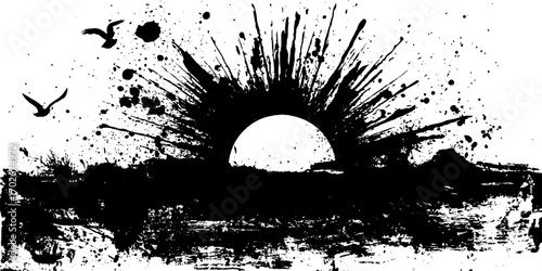 Black ink grunge silhouette of sun with rays and birds in flight