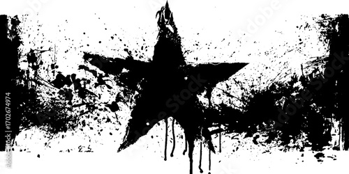 Black ink grunge star silhouette with splattered paint drips in urban street art style