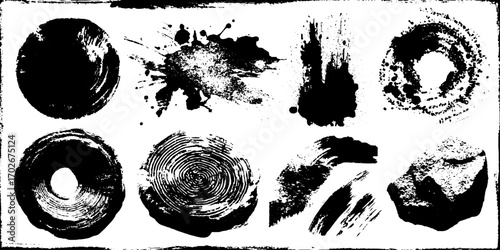 Black ink grunge texture set with splatter and spray elements for creative design