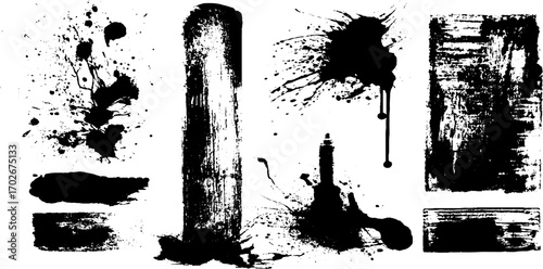 Black ink grunge texture set with splatter and spray elements for artistic design