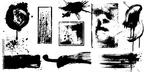 Black ink grunge textures and splatter spray designs for creative projects