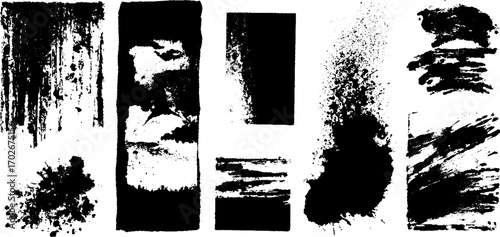 Black ink grunge texture set with splatter and spray elements for creative designs
