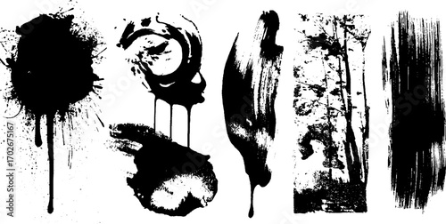 Black ink grunge texture collection with splattered spots and drips for creative design projects