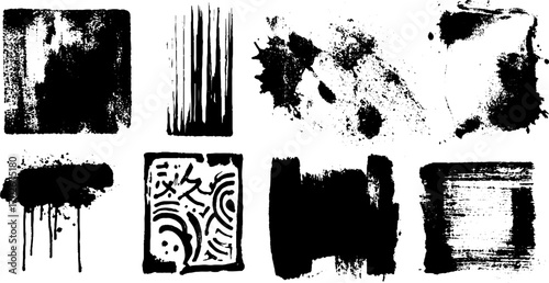 Black ink grunge texture collection with splattered spots and abstract designs for creative projects