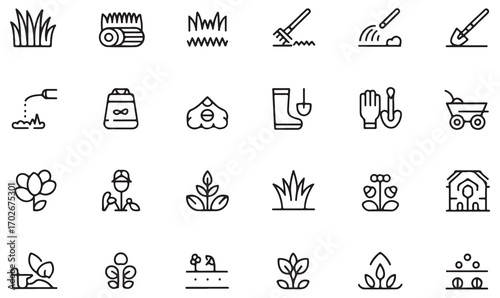 Line icon set of gardening tools, plants, flowers, grass, and farming elements for agriculture and eco lifestyle concepts in outline style