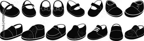 Vector illustration of black silhouettes of various baby shoes, perfect for infant fashion, child care, and newborn-themed design projects.