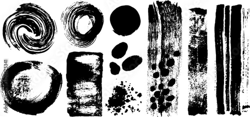 Abstract black ink texture set with thick brush swirls and strokes for creative design