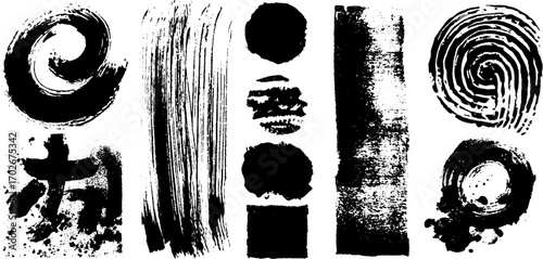 Abstract black ink minimalist texture set with thick brush swirls for creative design