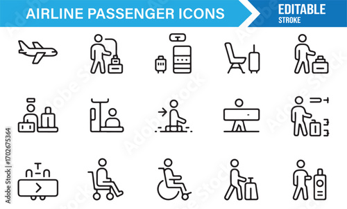 Editable vector icons of passenger activities at airport terminals and during air travel