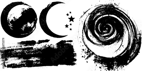 Mystical black ink border set with crescent moon and stars for creative design
