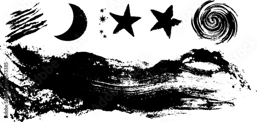 Mystical black ink borders with crescent moon and stars for creative designs