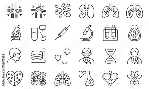 Outline medical vector icons including human body, genetics, lungs, microscope, vaccine, and healthcare research tools