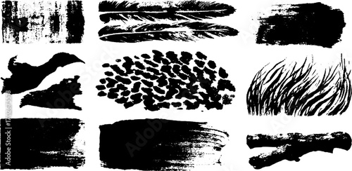 Black ink organic texture collection with feather-like strokes and abstract brush designs