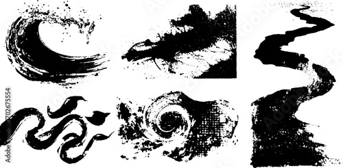 Organic black ink texture set with fluid wave strokes and splatter designs for creative art projects