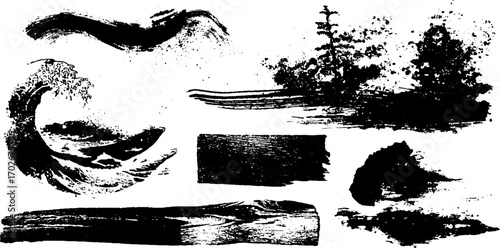 Black ink organic texture set with fluid wave strokes and nature elements for creative design