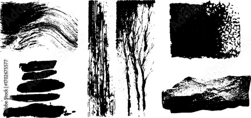 Black ink organic texture set with fluid waves and branch patterns for creative design