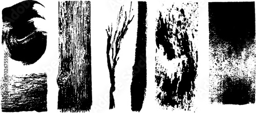 Black ink organic texture set featuring fluid waves and branch-like patterns for art and design