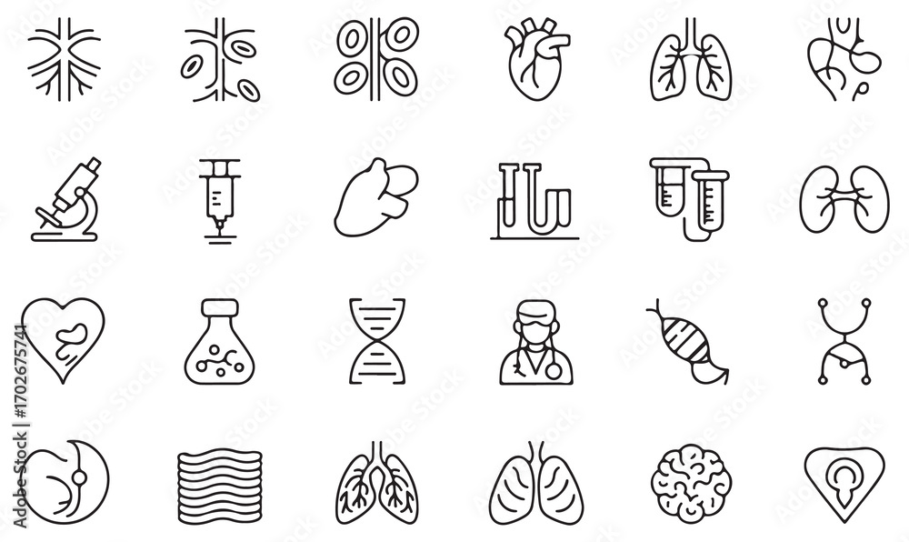 Fototapeta premium Minimal line icons collection of biology, health research, hospital equipment, organs, and treatment illustrations