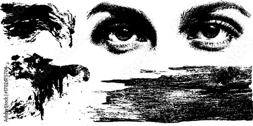 Psychedelic black ink texture with eyes and abstract patterns - urban graffiti design