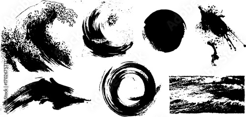 Set of chaotic psychedelic black ink textures for abstract cosmic design