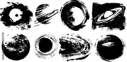 Chaotic cosmic black ink textures set for psychedelic design projects