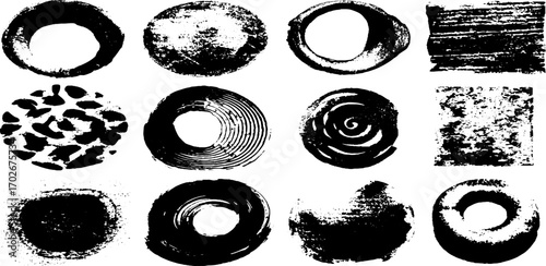 Black ink psychedelic texture set with checkerboard and abstract designs