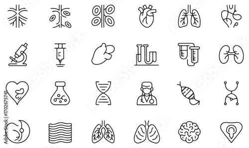 Minimal line icons collection of biology, health research, hospital equipment, organs, and treatment illustrations