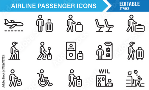 Travel and tourism icons set with flight passengers, boarding passes, and airport services