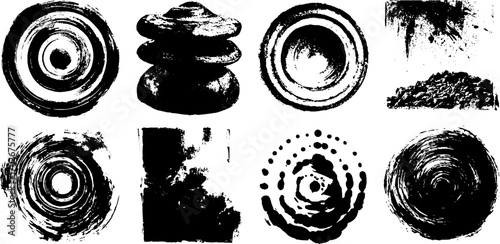 Psychedelic black ink texture set with concentric circle patterns for artistic design