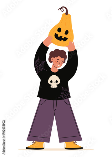 Halloween Cute Girl with Pumpkin lantern Jack. Autumn holiday Happy Cartoon female Character. Vector illustration. Not AI