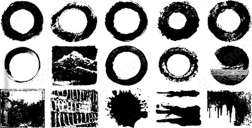 Psychedelic black ink texture set with melting grids and abstract patterns for creative design
