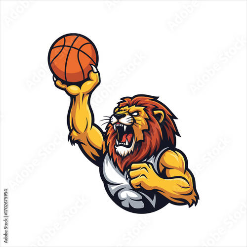 Cartoon Lion Dunking Basketball – Fierce Sports Animal Mascot Vector Illustration