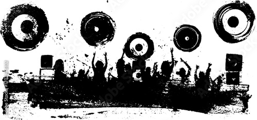 Energetic ink silhouette of concert stage with loud speakers and dancing crowd