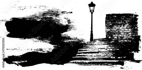 Mysterious urban alley with brick wall and street lamp silhouette in black ink