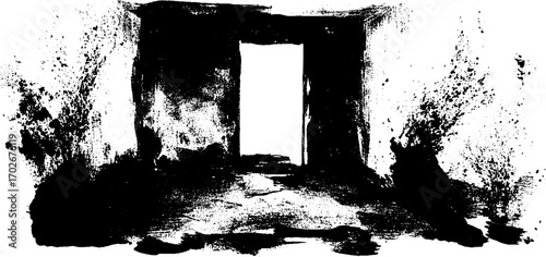 Mysterious abandoned interior in black ink silhouette for artistic design