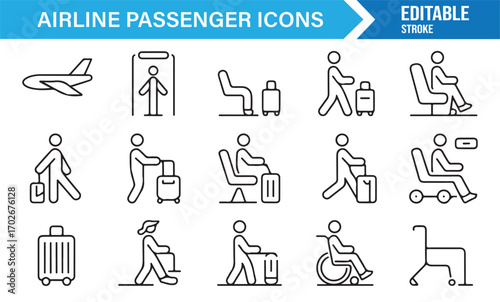 Minimal line icons of airport passenger activities including security, baggage, and boarding