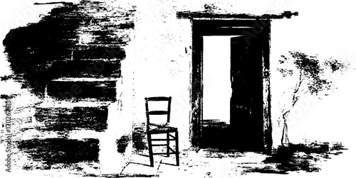 Black ink silhouette of decayed interior featuring chair and doorway for artistic design