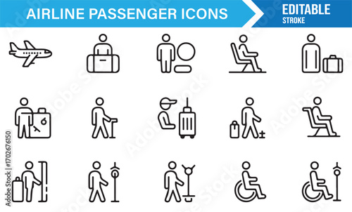 Editable outline icons of airline passengers with luggage, check-in, boarding, and seating