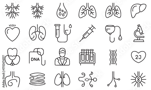 Collection of outline medical icons showing organs, cells, syringe, stethoscope, lab tools, and DNA for healthcare and biology design
