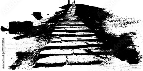 Silhouette of a narrow passage with ancient stone pathway in black ink art style