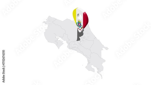 Location Heredia Province on map Costa Rica. 3d Heredia Province flag map marker location pin. Map of Costa Rica showing different parts. 4K.  Animated Video