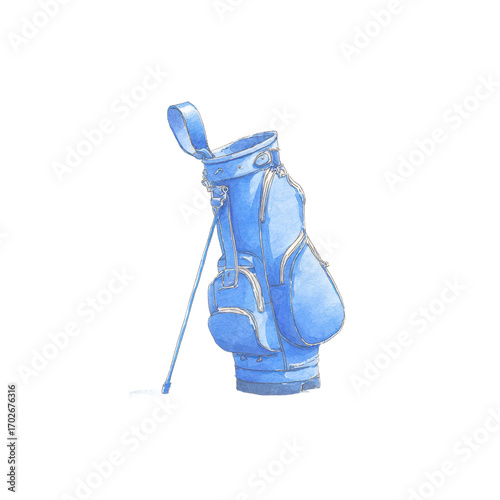 Watercolor blue golf bag with clubs illustration, cut out