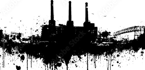 Urban decay: black ink silhouette of abandoned factory for industrial design