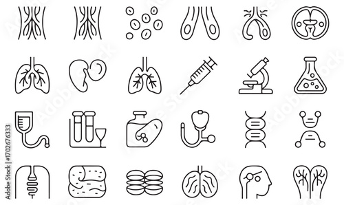 Medical and anatomy line icon set with human organs, DNA, syringe, microscope, and healthcare research symbols in outline vector style