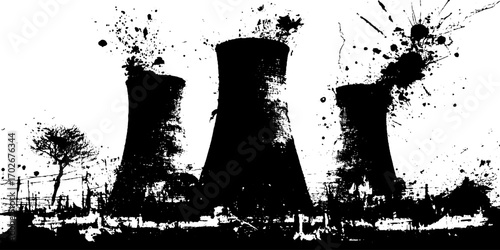 Urban decay: black ink silhouette of abandoned factory power plant