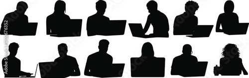Vector illustration of various silhouettes of people working on laptops, suitable for business, technology, and remote work concepts.