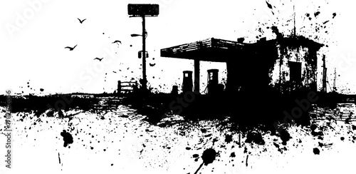 Urban decay silhouette of abandoned gas station with grunge ink effects