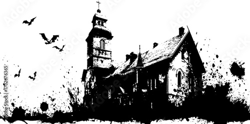 Gothic church silhouette with bats and ink splatter for halloween design