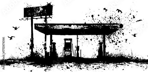 Abandoned gas station silhouette with birds and ink splatter artwork